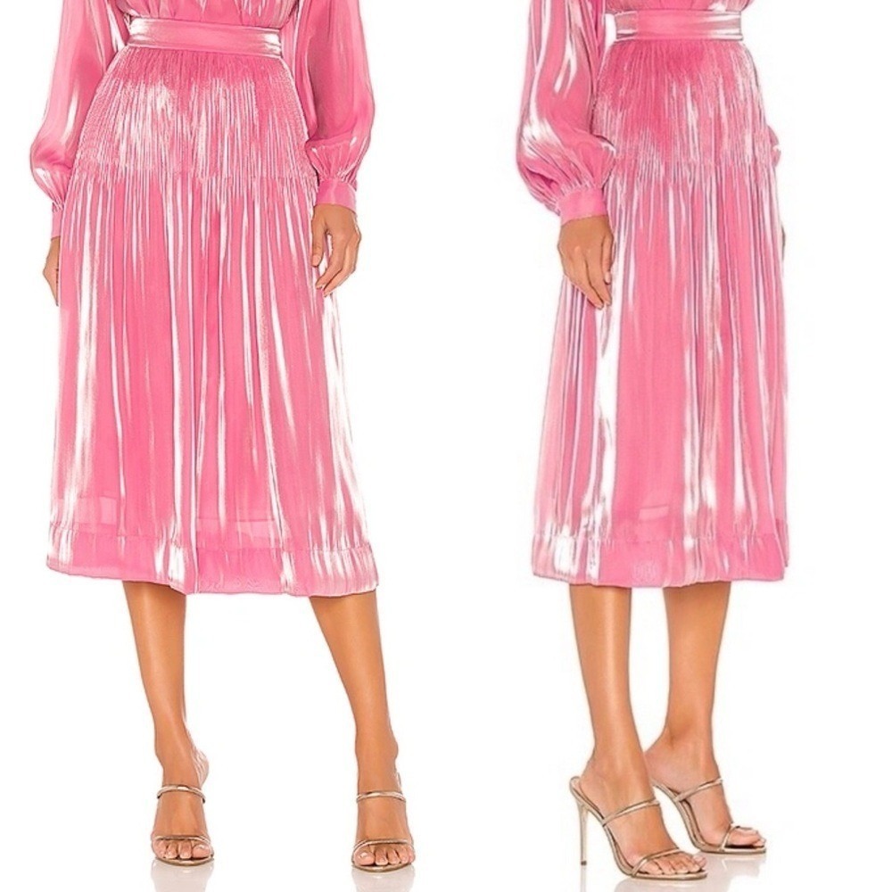 Rhode Farrah‎ Pleated Lamé Midi Skirt Metallic Shimmer Rosh Pink $465 Size 4
